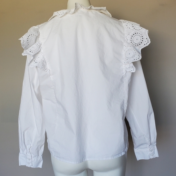 Mango MNG Ruffle Eyelet Lace Trim Blouse White Boho Prairie Women's Size 10 - Picture 6 of 9
